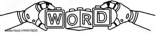 Two robotic hands hold blocks spelling the word "WORD