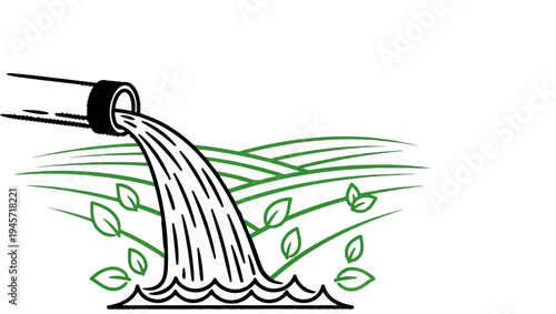 Water flows from pipe onto green landscape with leaves