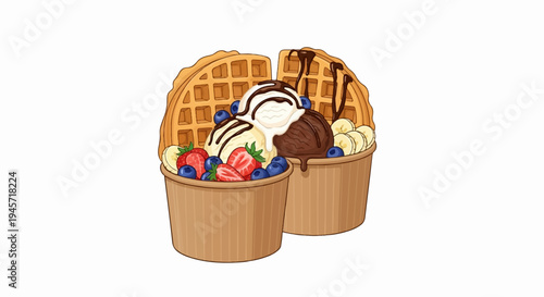 Two cups of ice cream with waffles and fruits