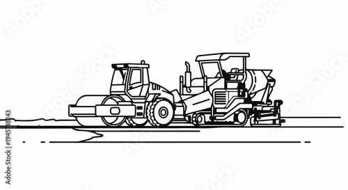 Two construction vehicles, a compactor and a paver, work on a road