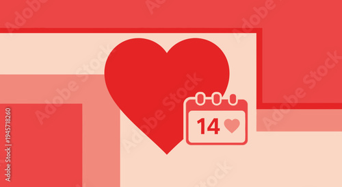 Red Heart Icon with Calendar Date 14, Valentine's Day Concept