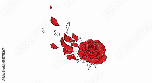 Vibrant red rose with scattering petals, dew drops visible