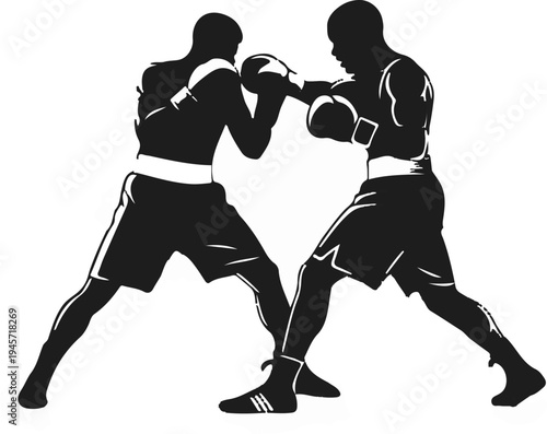 Two silhouetted boxers intensely sparring against a white background