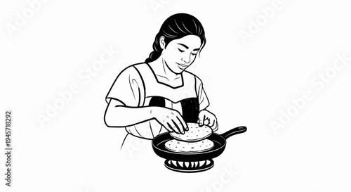 Woman cooking flatbread in a pan on a stove