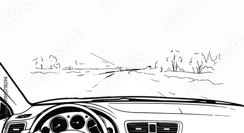 View from car interior looking out at a straight road through sparse trees