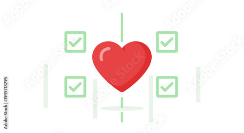 Red Heart Icon with Checkmarks - Health and Wellness Checklist Concept
