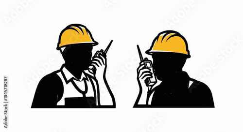 Two silhouette figures in hard hats, communicating via walkie-talkies on white