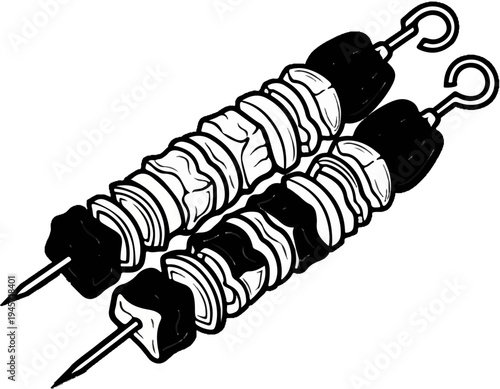 Two skewers with chunks of meat and vegetables on a white background