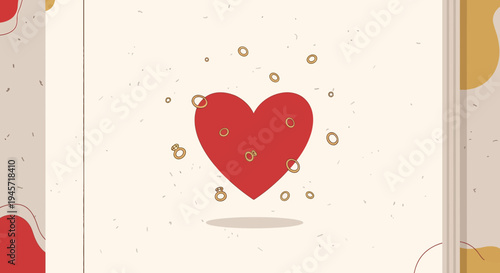 Red Heart Icon with Abstract Shapes and Bubbles on Textured Background