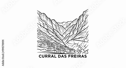 Village nestled in a dramatic mountain valley, black and white illustration