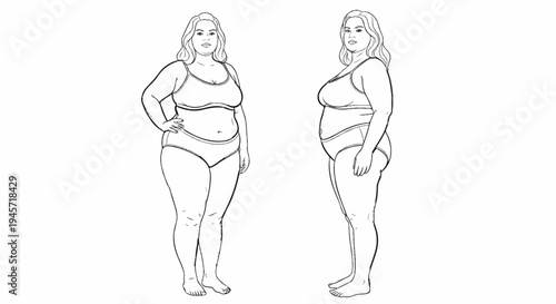 Two sketch-style full-body views of a plus-size person in underwear