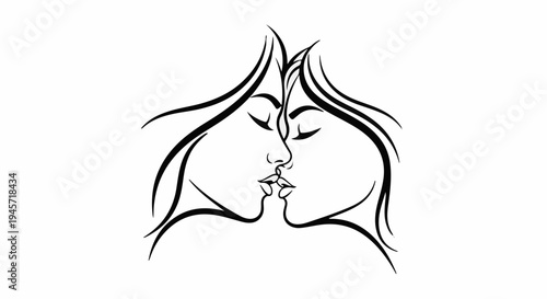 Two faces in profile, leaning in for a kiss, with flowing hair