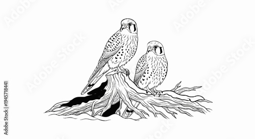Two falcons perched on a tree stump and branch in a black and white sketch
