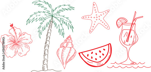 A collection of charming, hand drawn tropical vacation elements featuring a single palm tree alongside a bright hibiscus flower and refreshing summer cocktail ideal for beach themed designs.
