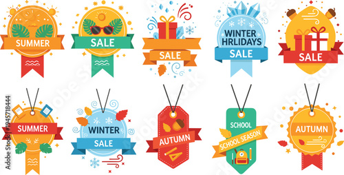Seasonal sale badges collection with summer winter autumn school and holiday discount labels colorful ribbon tags for marketing vector illustration set