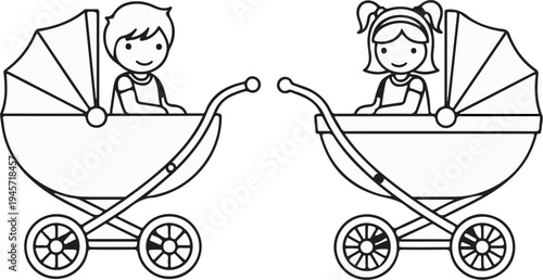 Two smiling children in separate baby strollers with canopy