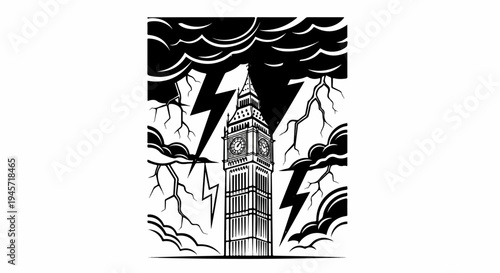 Towering clock structure amidst dark, stormy clouds and dramatic lightning strikes