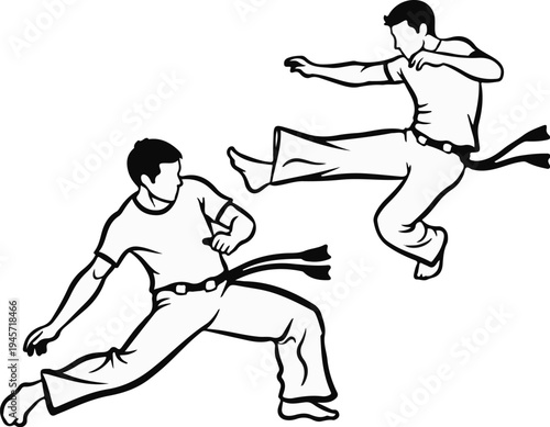 Two figures engaged in dynamic martial arts kicks with flowing sashes