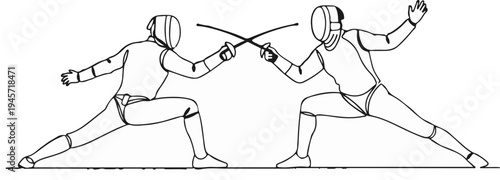 Two fencers in protective gear engage in a sword duel