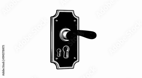Vintage black doorknob and keyhole assembly on a white background