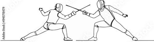 Two fencers in protective gear engage in a duel with swords