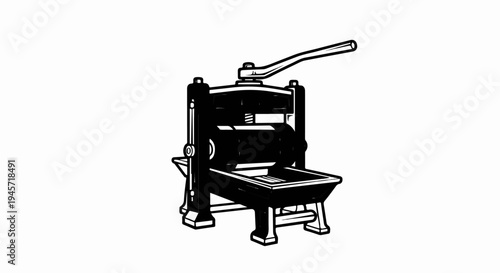 Vintage black ink illustration of a metal printing press with a lever