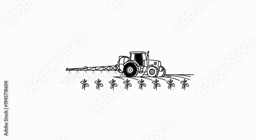 Tractor spraying crops in a field with a boom sprayer and row of plants