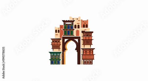 Traditional geometric architectural style with ornate balconies and archway