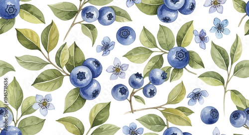 Watercolor blueberry pattern with green leaves and blue flowers