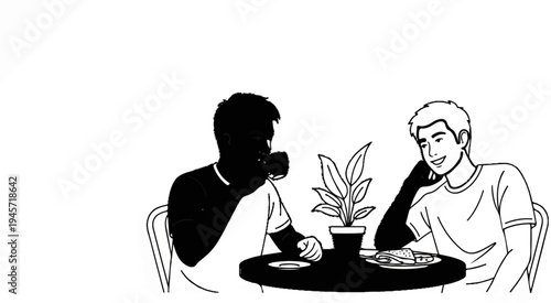 Two friends enjoying coffee and pastry at a cafe table with a potted plant