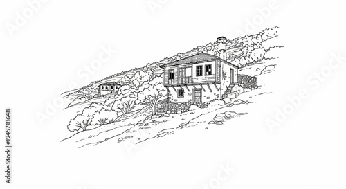 Traditional hillside homes amidst rocky terrain and sparse vegetation