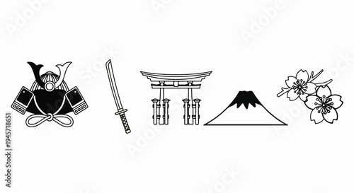 Traditional Japanese symbols warrior helmet, sword, shrine gate, mountain, and blossoms