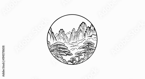 Traditional ink painting of a mountainous landscape with pine trees in a circle