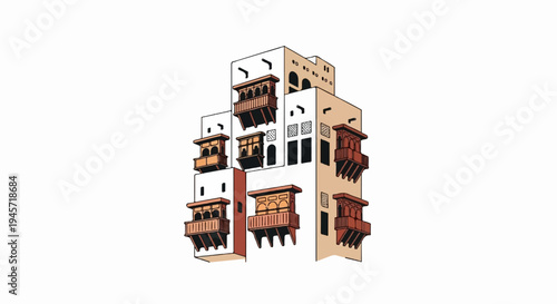 Traditional multi-story building with ornate wooden balconies and patterned windows