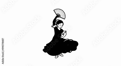 Woman in a flowing dress dances with a fan raised high