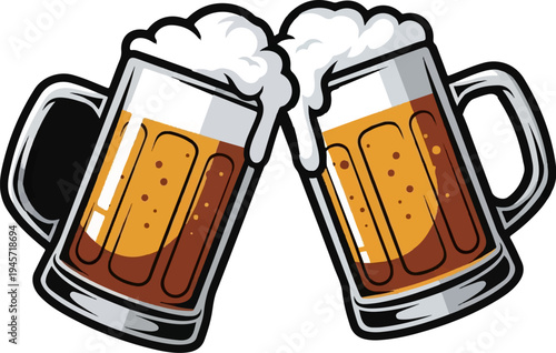 Two frothy mugs of beer clinking together in a toast