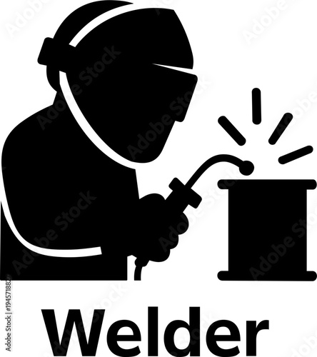Welder working with welding torch on metal container in factory  