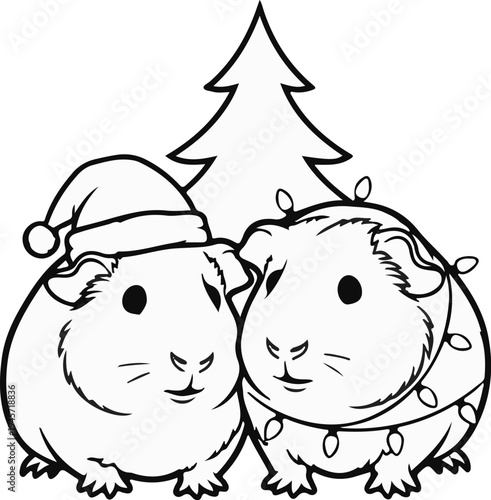 Two guinea pigs with festive cheer, one wears a Santa hat, the other decorated with lights