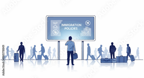 Travelers in a terminal, a digital board displays immigration policies