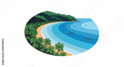Tropical bay with palm trees, sandy beach, turquoise water, and boats