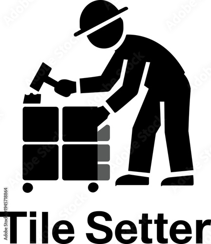 Tile setter working with tiles and hammer in construction site  