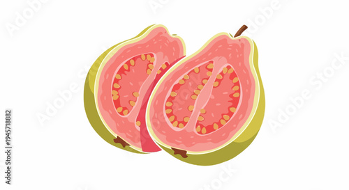 Two halves of a pink guava, showing seeds and soft flesh within