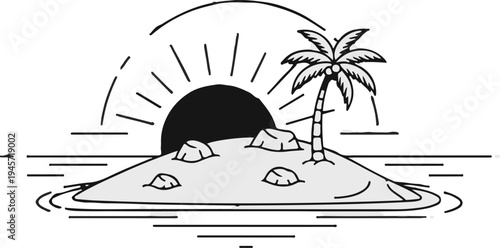 Tropical island paradise at sunset with a palm tree, sun, and waves