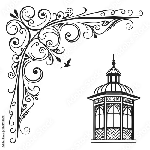 Ornate corner swirls with gazebo - vintage design element