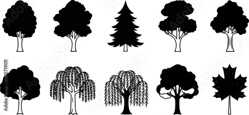 Ten stylized black and white tree illustrations arranged in two rows