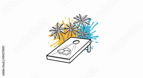 Tropical game boards and palm trees with colorful splatters