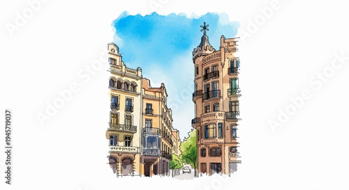 Watercolor sketch of a European street with old buildings and blue sky