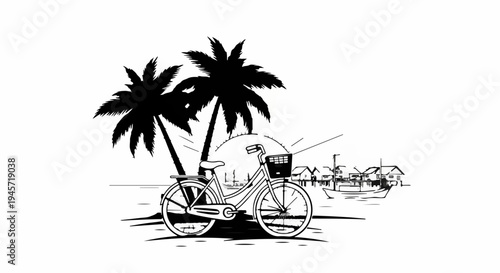 Tropical island scene with bicycle, palm trees, and stilt village