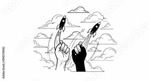 Two hands, one light, one dark, launch rockets into a cloudy sky