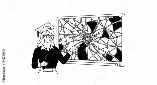 Woman in graduation cap points to digital display of neuron network